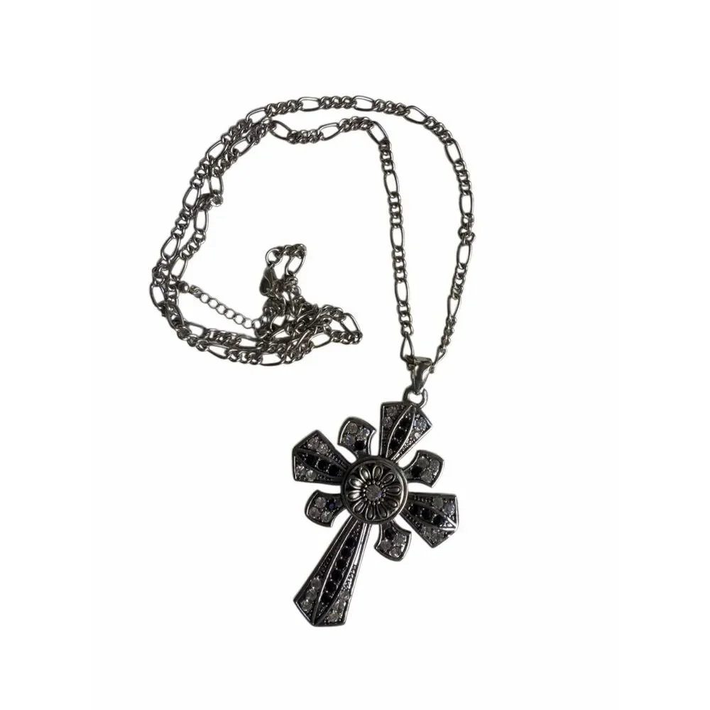 Silver Tone Rhinestone Cross Pendant Necklace Black & Clear Statement